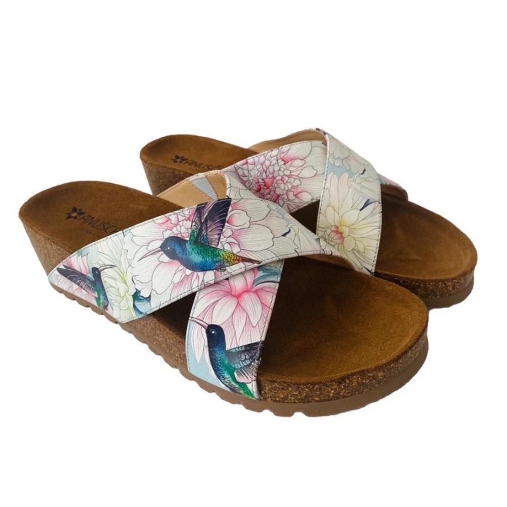Anuschka Caroline Leather Floral Cross Strap Wedge Sandals Women Sz 8 Multicolor
